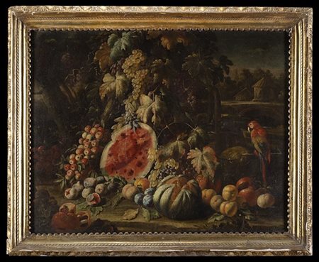 Aniello Ascione Natura viva con mele, anguria, uva, fichi, pesche, susine, melon