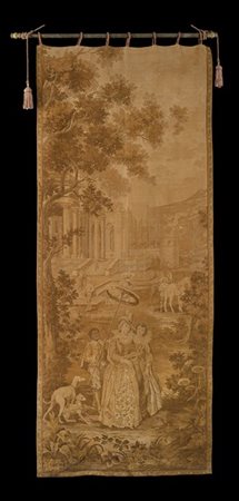 Arazzo meccanico raffigurante una scena galante nei giardini di un palazzo. Fra