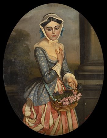 C. de Peronne "Ritratto di fanciulla" olio su tela ovale (cm 116x88) Iscritto e