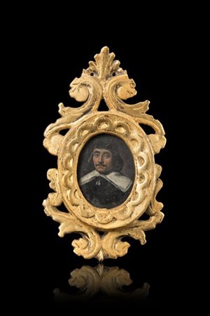 Scuola del secolo XVII "Ritratto di uomo con gorgiera bianca" miniatura ovale s