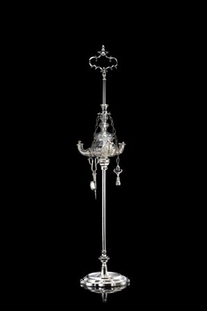 Grande lampada fiorentina in ottone argentato con vasca in vetro soffiato. Seco