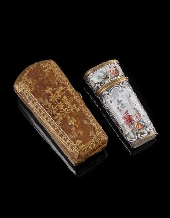 Porta nécessaire in smalti decorati entro riserve in policromia a scene classic