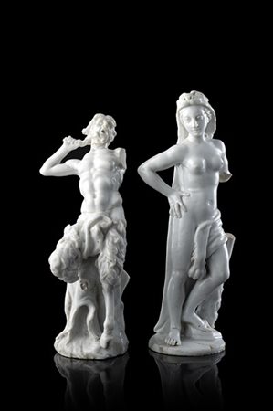 Manifattura veneta, secolo XVIII "Fauno e Fortezza" due figure in porcellana bi