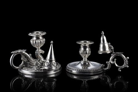 Due bugie in argento, una con corpo decorato a tutto tondo ad animale fantastic