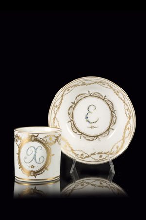 Manifatture diverse, secolo XIX. Tazza con piattino in porcellana decorata con