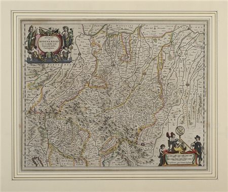Jannsonius "Ducato di Modena, Regio et Carpi..." acquaforte acquerellata, secol