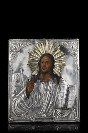 Arte russa del secolo XIX. Icona ad olio su tavola raffigurante Cristo Pantocra