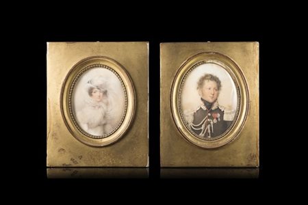 Coraly, secolo XIX "Ritratto di ufficiale con consorte" coppia di miniature su