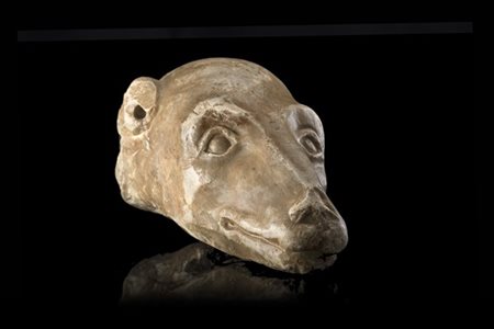 Antico frammento in marmo scolpito a testa di animale (l. cm 20) (mancanze)