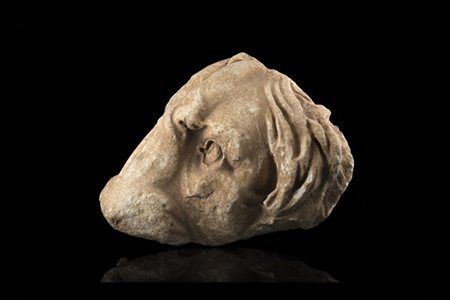 Antico elemento decorativo in marmo raffigurante testa leonina (h. cm 27) (dife