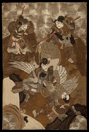 Ricamo in seta, cotone e fili d'argento applicati su tela di cotone. Giappone,