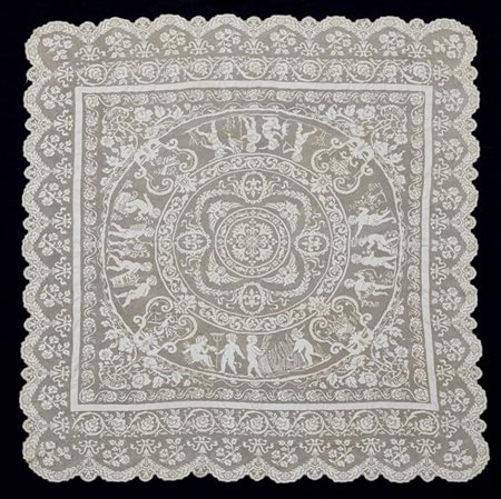 Copriletto in pizzo ricavato da un tessuto di lino sfilato e finito a rete con