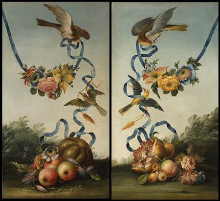 Scuola piemontese della fine del secolo XVIIIUccellini, fiori, zucca e frutta