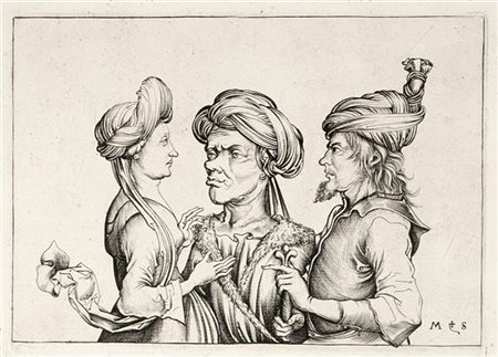 Seguace di Martin Schongauer del secolo XV

Tre figure orientali
Bulino mm 117x