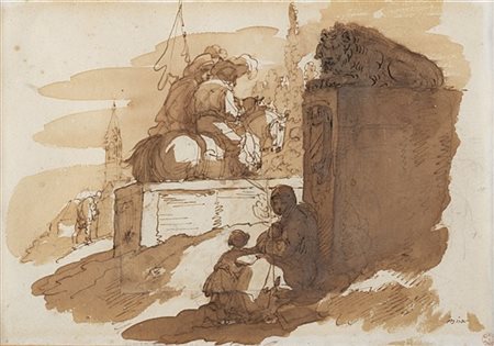 Giuseppe Bernardino Bison Capriccio con edifici e figure
Penna, inchiostro bruno