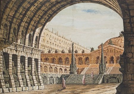 Antonio Basoli (attr.)

Arco d'ingresso di palazzo con obelischi
Acquerelli e te