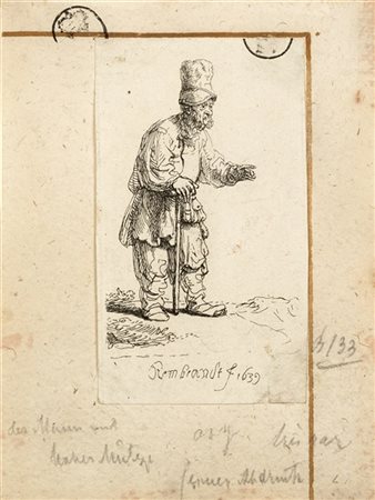 Rembrandt Harmenszoon van Rijn Contadino con grande cappello appoggiato a un bas