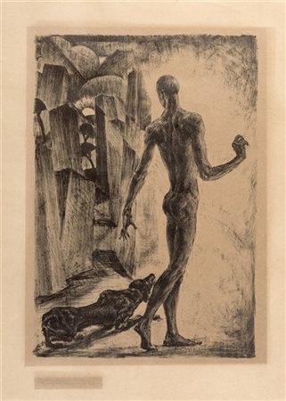 Jeno Krón Figura con cane, dal ciclo dell'Uomo del Sole
Litografia cm 46,5x32,5