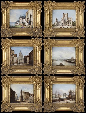Gruppo di sei piastrelle in porcellana decorate con scorci di città europee, ro