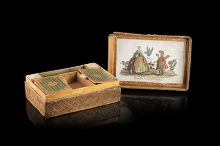 Cofanetto in paglia a due scomparti decorato da specchio e ad arte povera, cass