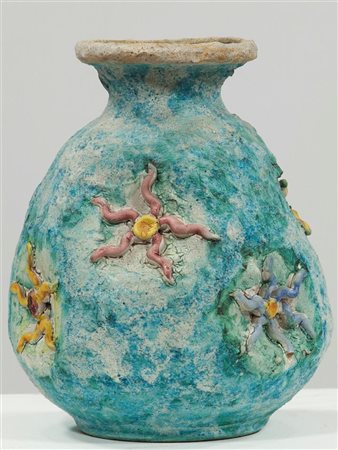 PROCIDA SALVATORE Vaso in terracotta a fondo azzurro con decoro a stelle...