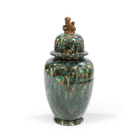 VASO Grande vaso con coperchio in ceramica decorata con colature in smalto...
