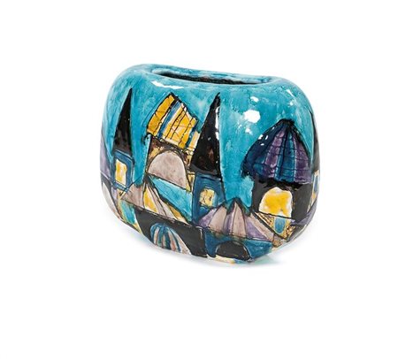 SCHIAVON ELIO Vaso in ceramica a fondo turchese con decoro a paesaggio....