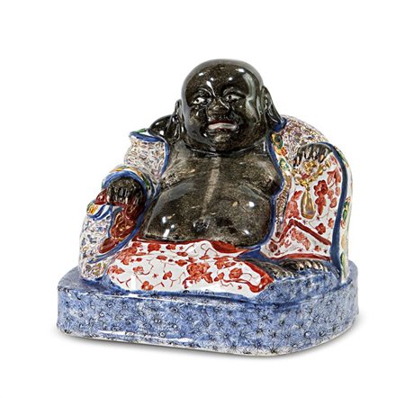 PONTI GIO Buddha in ceramica a colaggio dipinto in policromia. Marcato alla...