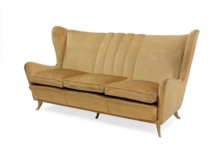 DIVANO Divano rivestito in velluto di lino, piedi in metallo dorato. Anni '50...