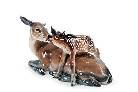 LENCI Felice Tosalli Cerbiatti Statuetta in ceramica policroma. Ceramista...