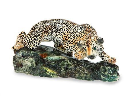 LE BERTETTI Felis Pardus Statuetta ceramica a colaggio smaltata in...