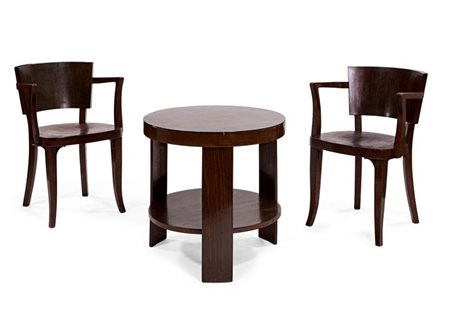 THONET MICHAEL Tavolino e due sedie in legno di faggio curvato con parti in...