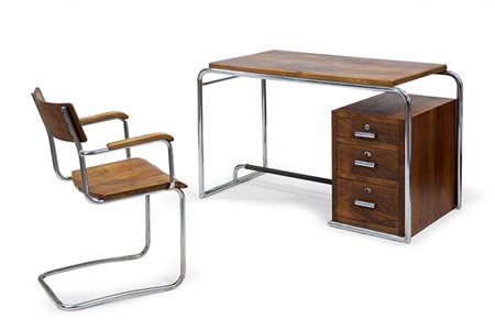 COVA Scrivania e sedia in tubo di metallo cromato, impiallacciatura in legno...