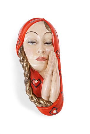 MARAINI OTTO Viso di donna in ceramica policroma a colaggio. Marchiata Ars...