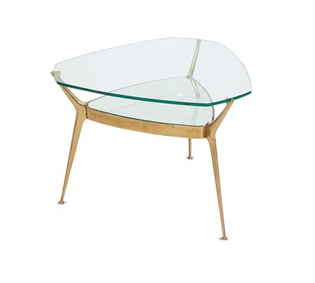 TAVOLINO Tavolino con supporto in fusione di ottone e piani in vetro. 1950...