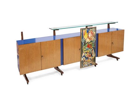 MOBILE Credenza bassa a sei ante, telaio in legno di mogano, corpo rivestito...