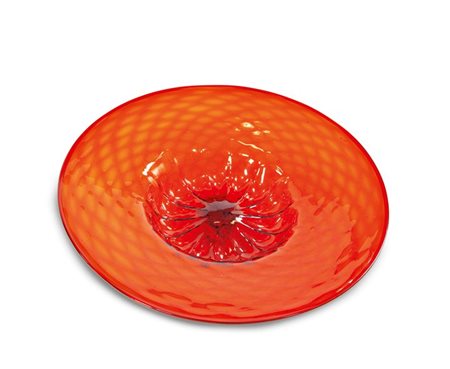 ZECCHIN VITTORIO (ATTR.) Grande piatto in vetro di Murano soffiato rosso....