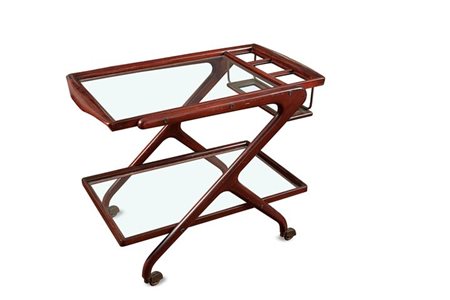 CARRELLO Carrello in legno di mogano, piani in cristallo, ruote in ottone...