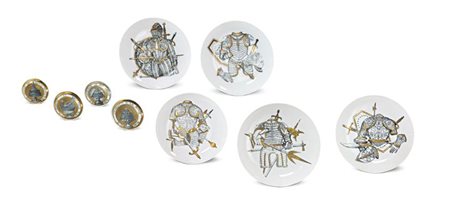 FORNASETTI PIERO Lotto di quattro sottobicchieri e cinque piatti. Quattro...