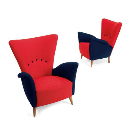POLTRONE Coppia di poltrone rivestite in tessuto di lana arancione e nero,...