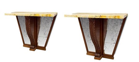 COLLI PIER LUIGI Coppia di consolles con struttura in legno di mogano,...