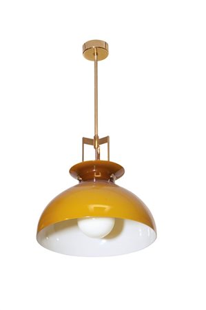VENINI Lampadario con diffusore in vetro opalino giallo, montatura in ottone...