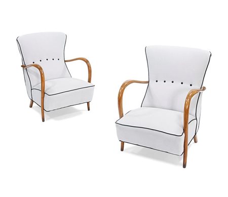 POLTRONE Coppia di poltrone anni '50 con struttura in legno di acero....