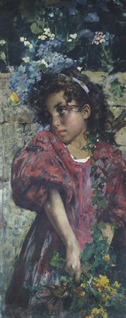 Vincenzo Irolli Napoli 1860-1940 "Bambina con fiori" cm. 105x42 - olio su...