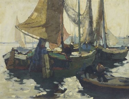 Angelo Pavan Vicenza 1893-Venezia 1945 "Barche all'ormeggio" cm. 23x32 - olio...