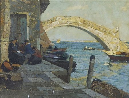 Angelo Pavan Vicenza 1893-Venezia 1945 "Nei pressi del ponte" cm. 23x31 -...