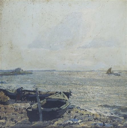 Angelo Pavan Vicenza 1893-Venezia 1945 "Barche sulla spiaggia" cm. 30x30 -...