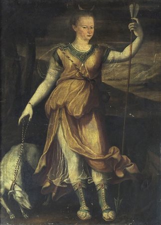 Scuola fiamminga del XVI secolo "Ritratto femminile in veste di Diana...