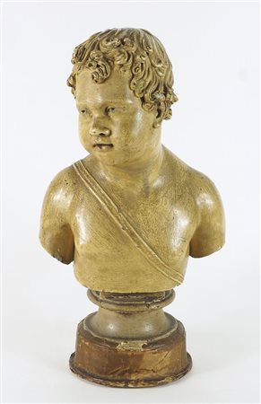 Maestro del XIX secolo Busto in gesso su base in legno raffigurante bambino,...