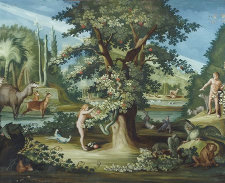 Maestro del XVIII secolo Due dipinti su vetro di cm. 42x52: a) "Adamo ed Eva...